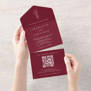 Einfache burgundische Hochzeit mit botanischen Mot All In One Einladung