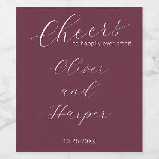 Einfache Burgundy Elegante Script Hochzeit Weinetikett (Einzelnes Label)