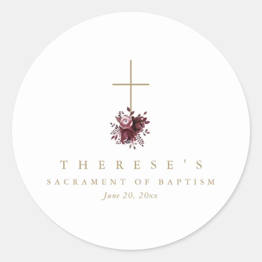 Einfache burgundy florale Cross katholische Taufe Runder Aufkleber (Vorderseite)