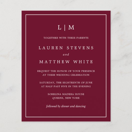 Einfache Burgundy Monogram Hochzeit (Vorderseite)