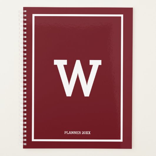 Einfache Burgundy Red Initial Monogram Monthly Planer (Vorderseite)