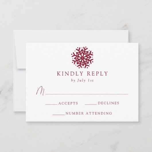 Einfache Burgundy-Snowflake-Hochzeit RSVP Karte (Vorderseite)