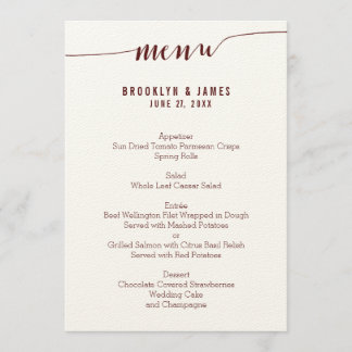 Einfache Burgundy Wedding Menu Cards auf Ecru Papi Menükarte