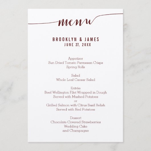 Einfache Burgundy Wedding Menu Cards auf Ecru Papi Menükarte (Vorderseite)