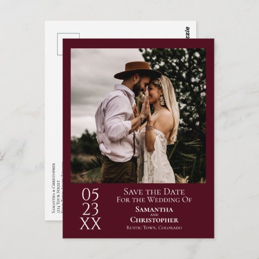Einfache Burgundy Wedding Save the Date Foto Postkarte (Vorne/Hinten)