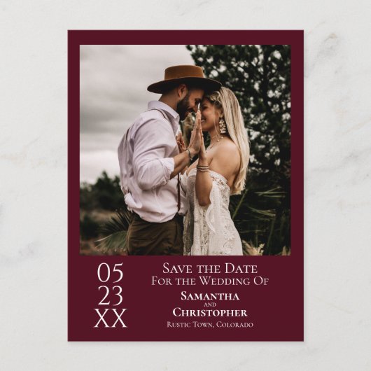 Einfache Burgundy Wedding Save the Date Foto Postkarte (Vorderseite)