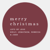 Einfache Burgundy White Names Frohe Weihnachten Runder Aufkleber (Vorderseite)