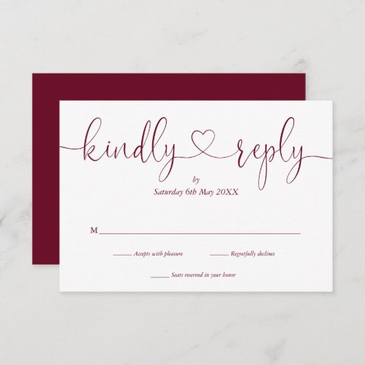 Einfache Burgundy White Script Herzlich Willkommen RSVP Karte (Vorne/Hinten)