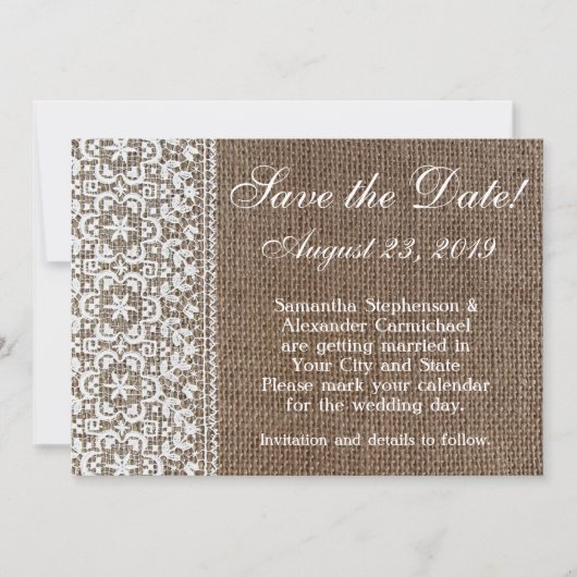 Einfache Burlap- und Lace-Save the Date Save The Date (Vorderseite)