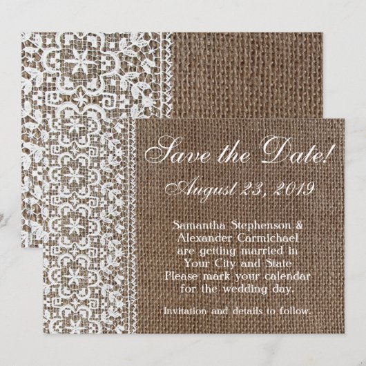 Einfache Burlap- und Lace-Save the Date Save The Date (Vorne/Hinten)