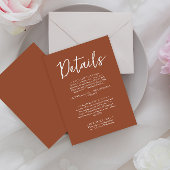 Einfache Burnt Orange Script Boho Wedding Details Begleitkarte