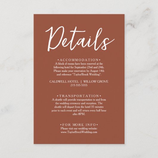 Einfache Burnt Orange Script Boho Wedding Details Begleitkarte (Vorderseite)