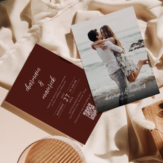 Einfache Burnt Orange Script Foto QR Code Hochzeit Einladung