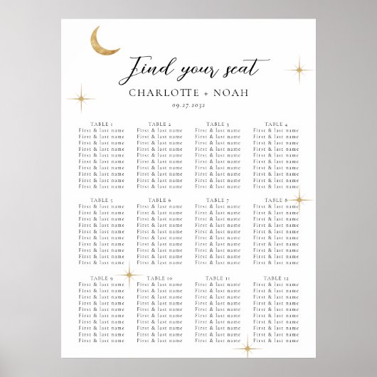 Einfache Celestial Gold Moon Wedding Seating Chart Poster (Vorne)