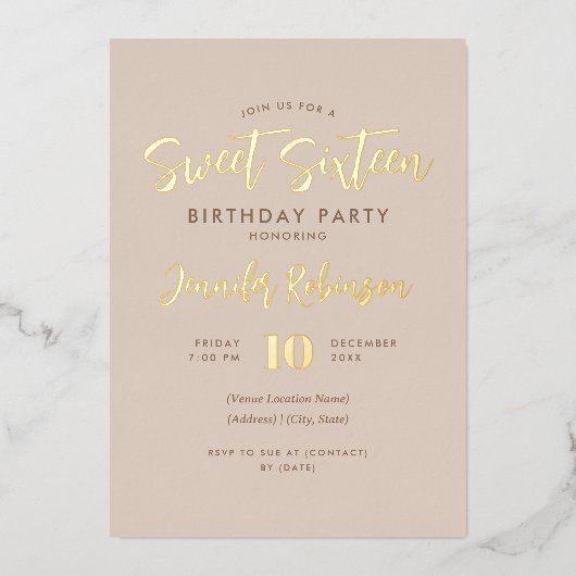 Einfache Champagner Gold Foto Sweet 16 Sechzehn Folieneinladung (Vorderseite)