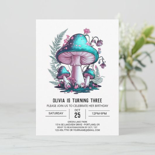 Einfache, charmante digitale Pilzkammer zum Geburt Einladung (Stehend Vorderseite)