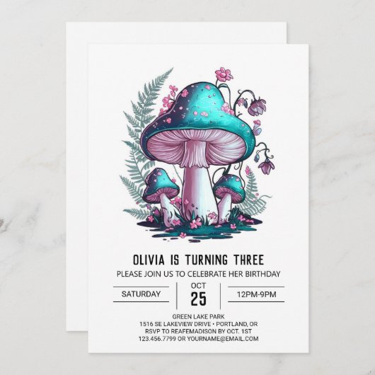 Einfache, charmante digitale Pilzkammer zum Geburt Einladung (Vorne/Hinten)