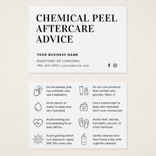 Einfache chemische Peel-Aftercare-Instruktionskart (Vorne & Hinten)