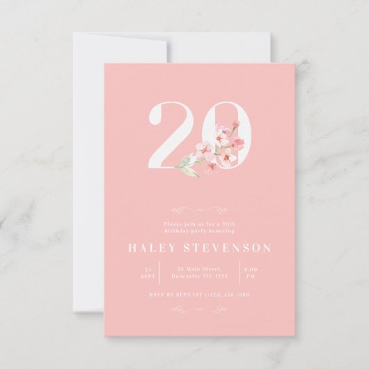 Einfache Chic Blush Pink Weiße Blüte 20. Geburtsta Einladung (Vorderseite)