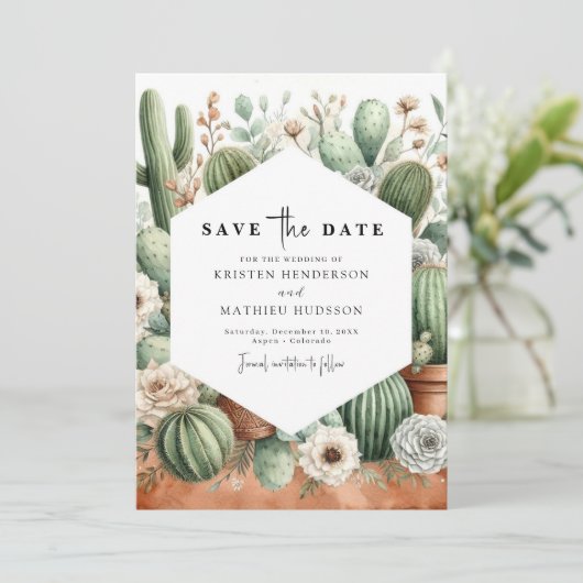 Einfache Chic Cactus Wedding Save The Date (Stehend Vorderseite)
