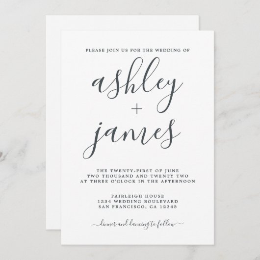 Einfache Chic Calligrafy Schwarz-weiß Wedding Einladung (Vorne/Hinten)