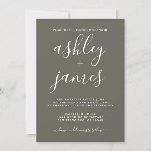 Einfache Chic Calligraphy Dusty Olive Wedding Einladung (Vorderseite)