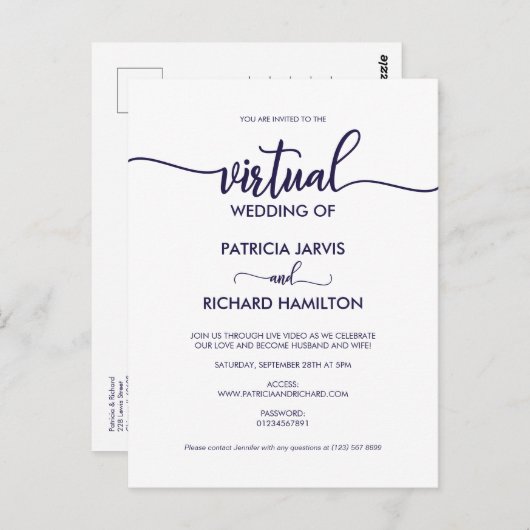 Einfache Chic Calligraphy Virtual Wedding Postkarte (Vorne/Hinten)