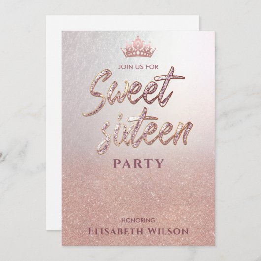 Einfache chic Coole Rose Gold Tiara Sweet 16 Einla Einladung (Vorne/Hinten)