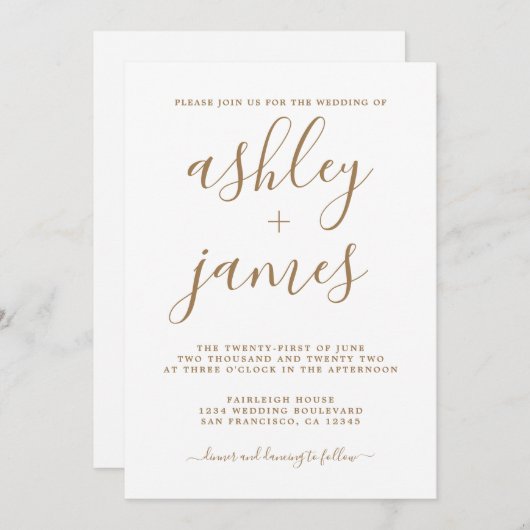 Einfache Chic Gold Calligrafy Wedding Einladung (Vorne/Hinten)
