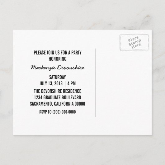 Einfache Chic Graduation Party Postcard, Lila Einladungspostkarte (Rückseite)