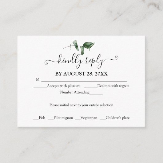 Einfache Chic Greenery Eucalyptus Wedding RSVP Begleitkarte (Vorderseite)