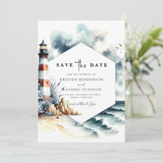 Einfache Chic Minimalismus Leuchtturmhochzeit Save The Date (Stehend Vorderseite)