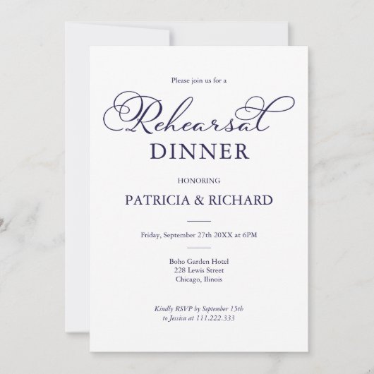 Einfache Chic Navy Blue Script Probe Dinner Einladung (Vorderseite)