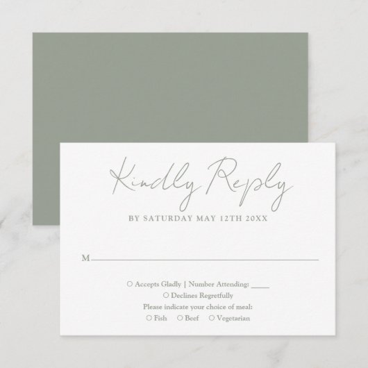 Einfache Chic Sage Green Elegante Script Hochzeit RSVP Karte (Vorne/Hinten)