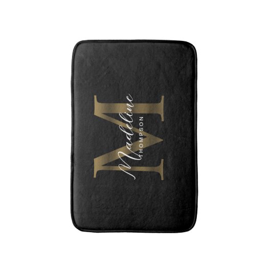 Einfache Chic Script Metallic Black Gold Monogram Badematte (Vorderseite Vertikal)