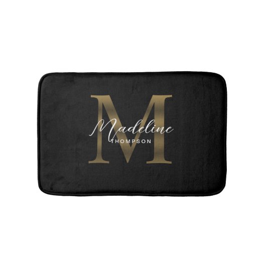 Einfache Chic Script Metallic Black Gold Monogram Badematte (Vorderseite)
