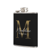 Einfache Chic Script Metallic Black Gold Monogram Flachmann (Links)
