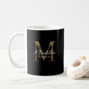 Einfache Chic Script Metallic Black Gold Monogram Kaffeetasse
