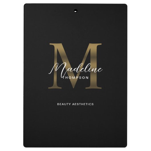 Einfache Chic Script Metallic Black Gold Monogram Klemmbrett (Rückseite)
