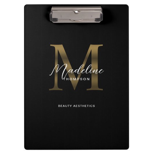 Einfache Chic Script Metallic Black Gold Monogram Klemmbrett (Vorderseite)