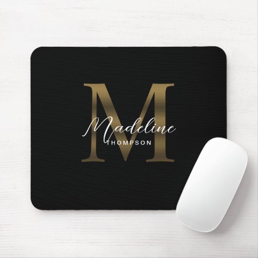 Einfache Chic Script Metallic Black Gold Monogram Mousepad (Mit Mouse)