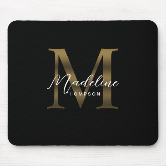 Einfache Chic Script Metallic Black Gold Monogram Mousepad (Vorne)