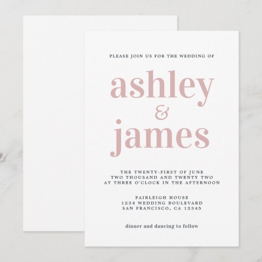 Einfache Chic Typografie Silver Pink Wedding Einladung (Vorne/Hinten)