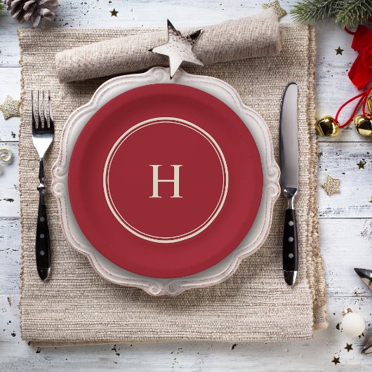 Einfache Classic Elegante Monogram auf Cranberry R Pappteller