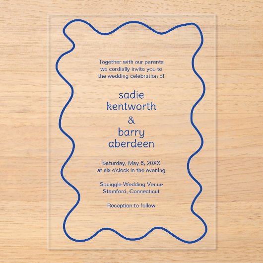 Einfache Cobalt Blue Squiggle Frame Moderne Hochze Acryleinladungen (Vorderseite)