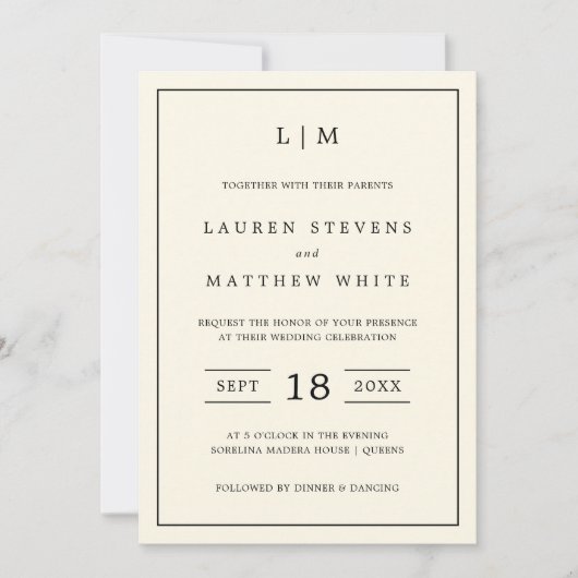 Einfache Cream Monogram Elegante Hochzeit Einladung (Vorderseite)