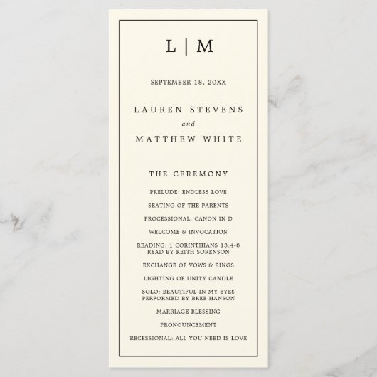 Einfache Cream Monogram Elegante Hochzeit Programm (Vorderseite)