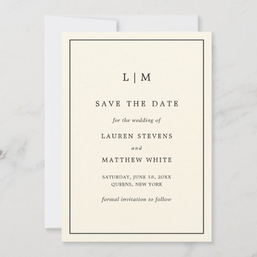 Einfache Cream Monogram Elegante Hochzeit Save The Date (Vorderseite)