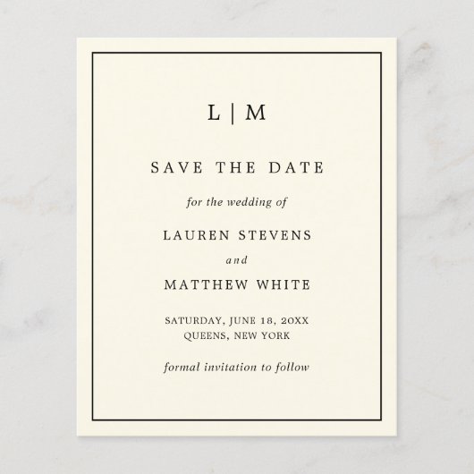 Einfache Cream Monogram Hochzeit Sichern des Datum (Vorderseite)