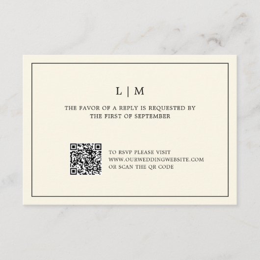 Einfache Cream Monogram QR Code Elegante Hochzeit RSVP Karte (Vorderseite)